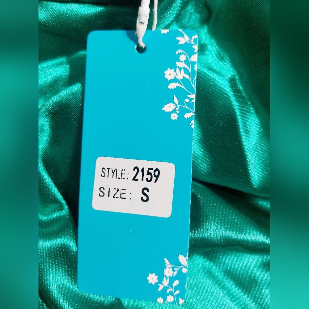 Emerald Green Satin Asymmetrical Mini Dress Ruched Side V Neck NWT Size Small - Picture 6 of 9